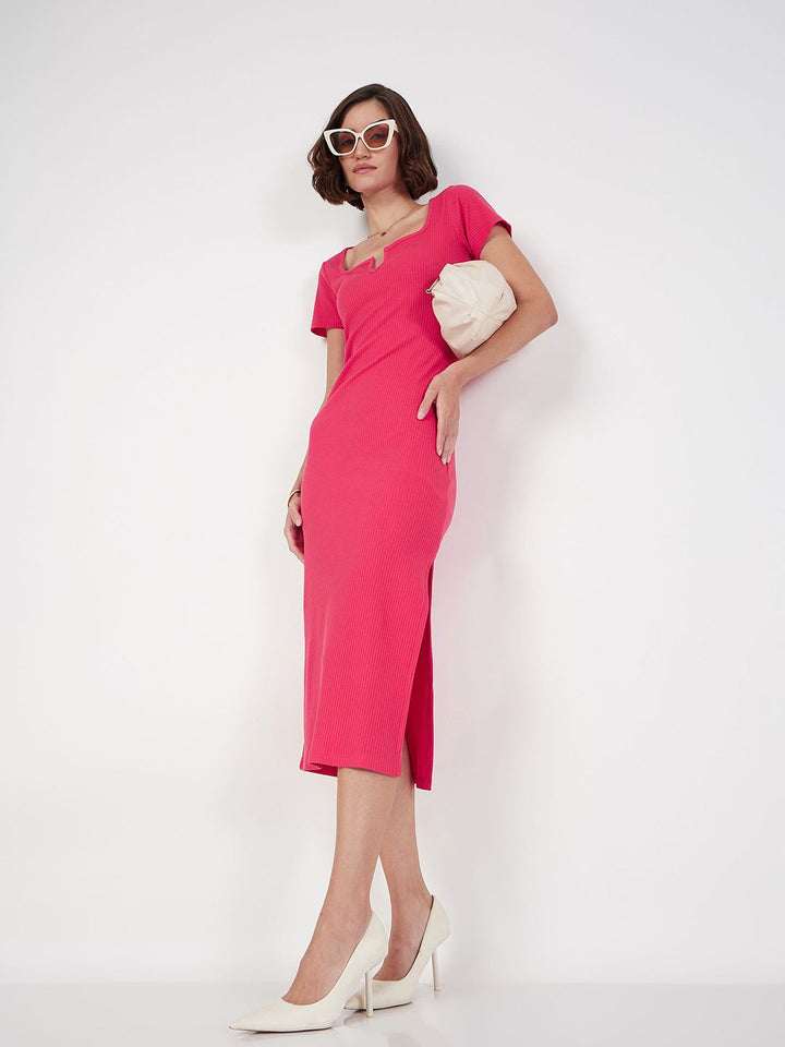 SASSAFRAS Square Neck Knitted Sheath Midi Dress