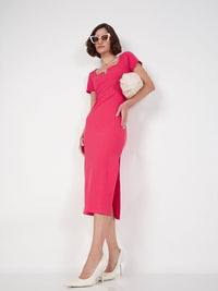 SASSAFRAS Square Neck Knitted Sheath Midi Dress