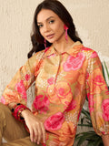 KALINI Floral Printed Shirt Collar Three-Quarter Sleeves Top With Trouser