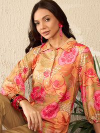 KALINI Floral Printed Shirt Collar Three-Quarter Sleeves Top With Trouser