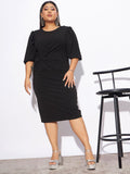 SASSAFRAS Curve Plus Size Black Twisted Knot Puff Sleeves Sheath Midi Dress