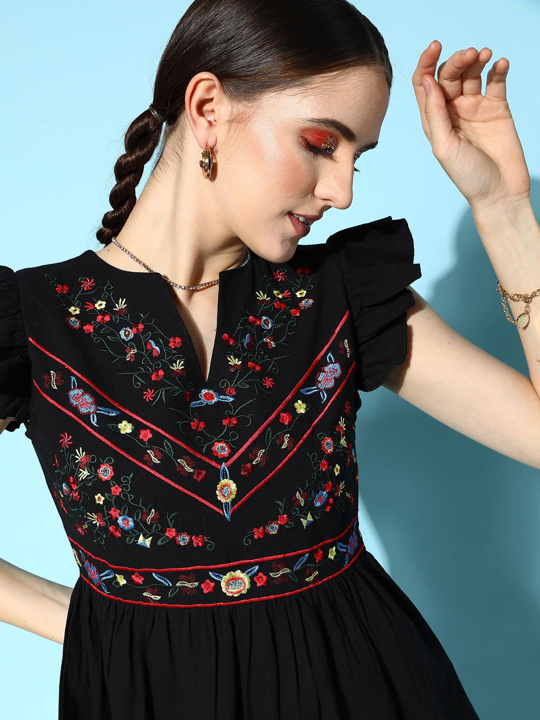Berrylush Black Floral Embroidered Mini Dress