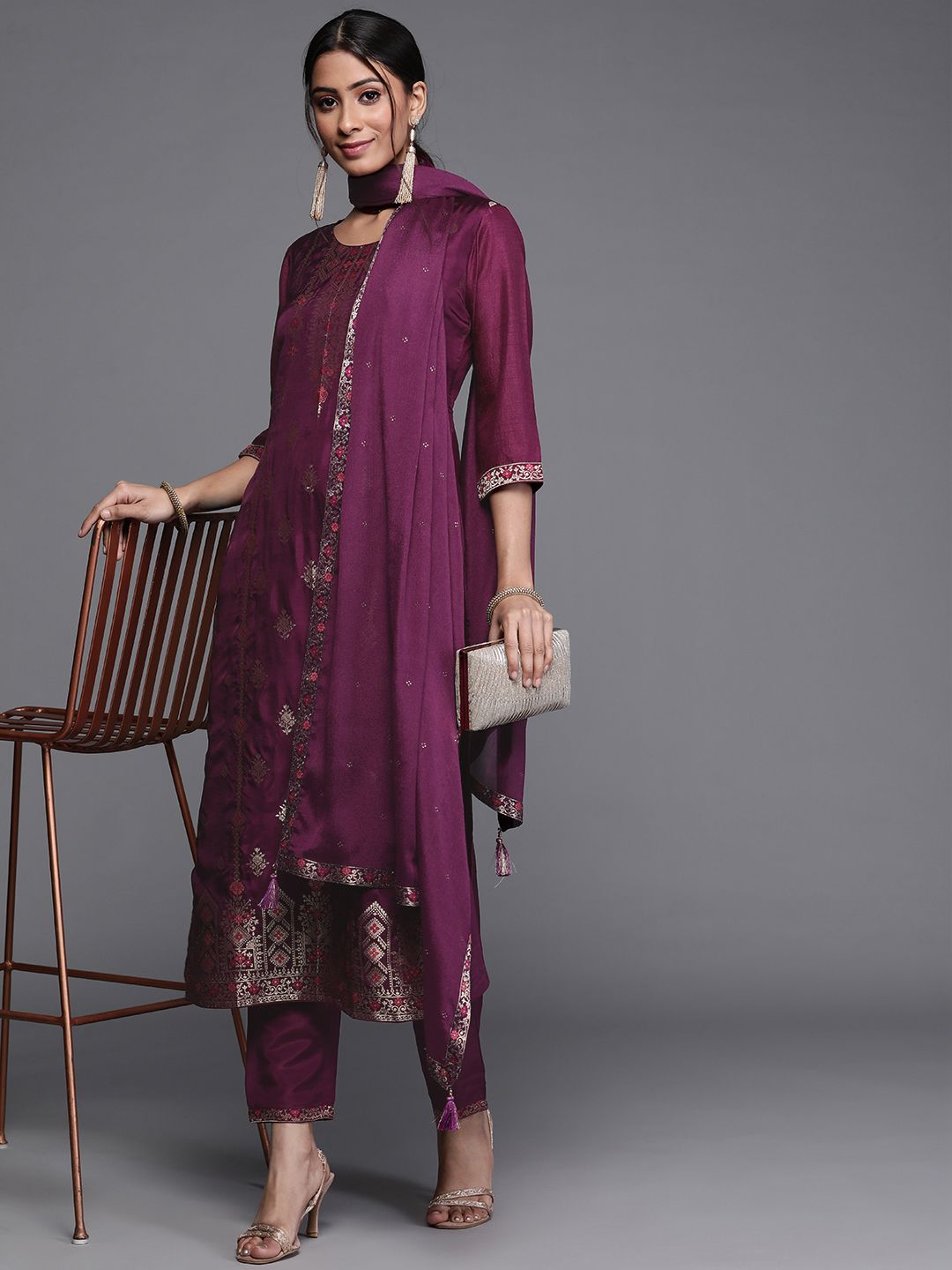 Libas Women Aubergine & Gold Ethnic Motifs Zari Straight Kurta with Trousers Dupatta