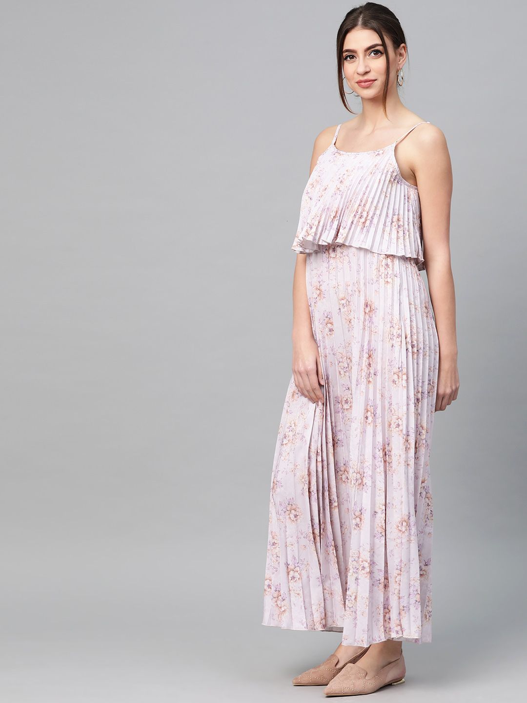 SASSAFRAS Beige & Lavender Floral Printed Accordian Pleat Maxi Dress