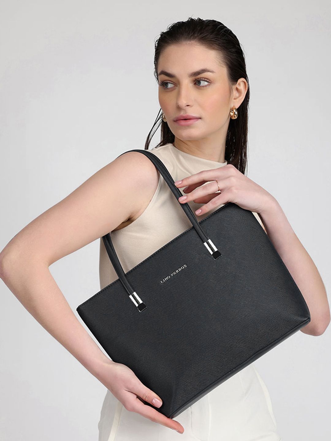 Lino Perros Black Solid Faux Leather Laptop Bag