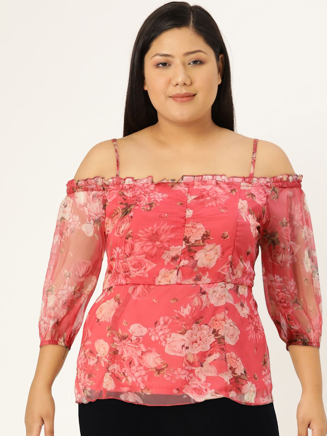 AND Floral Printed Puff Sleeves Bardot Top