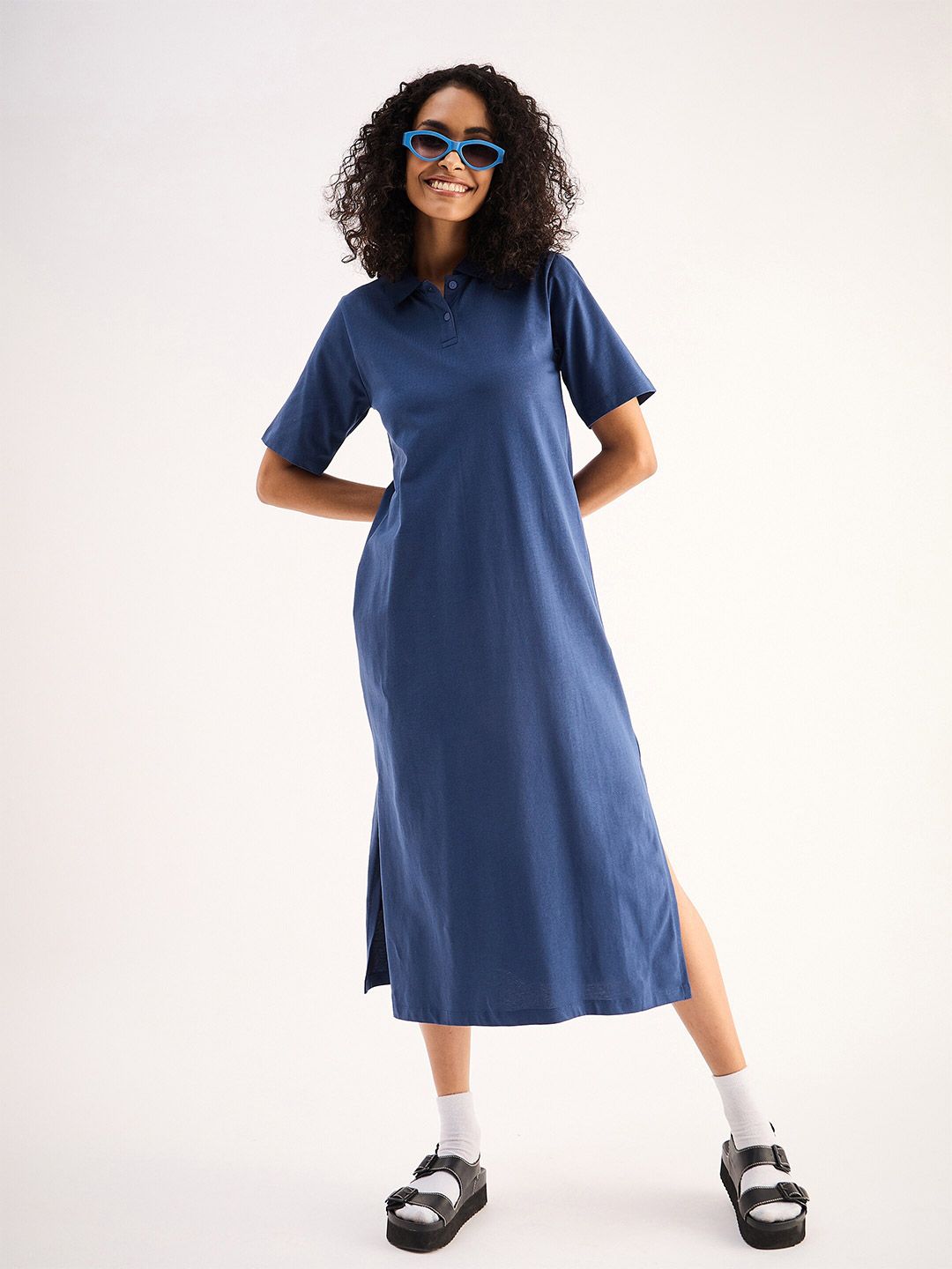 SASSAFRAS BASICS Polo Collar Short Sleeves Oversized Tshirt Midi Dress
