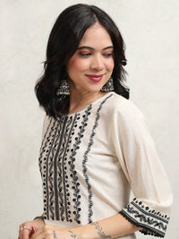 Vishudh Beige Floral Yoke Design Thread Work Regular Pure Cotton Kurta with Trouser