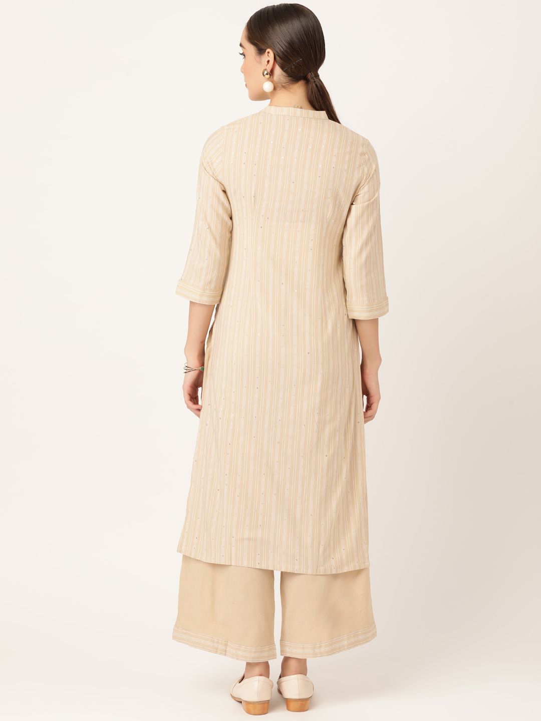 Anouk Women Beige Pure Cotton Striped Kurta with Palazzos