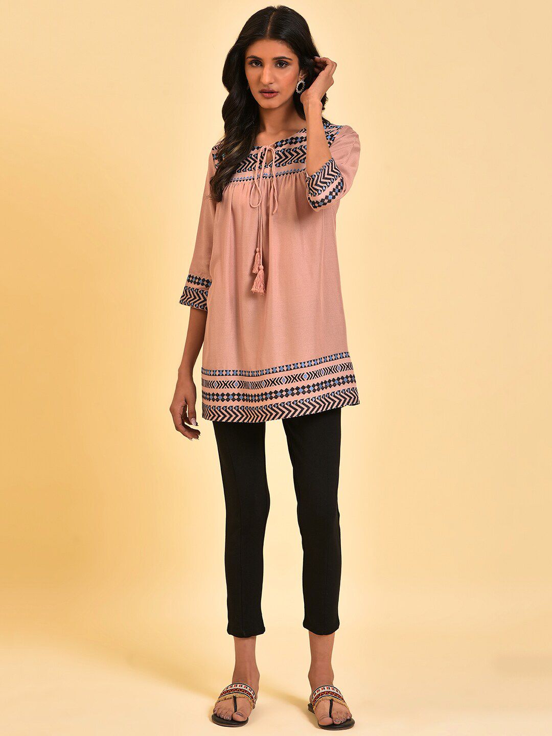 W Pink Geometric Embroidered Tie-Up Neck Tunic
