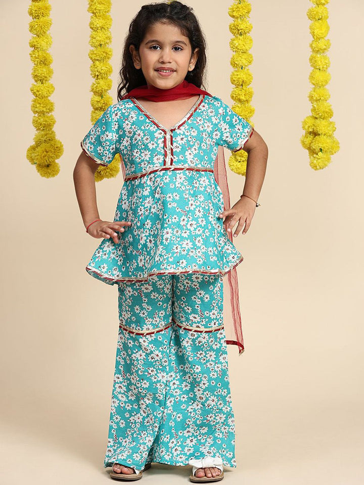 Cutiekins Girls Floral Printed Gotta Patti Kurti With Sharara & Dupatta