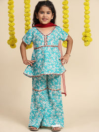 Cutiekins Girls Floral Printed Gotta Patti Kurti With Sharara & Dupatta