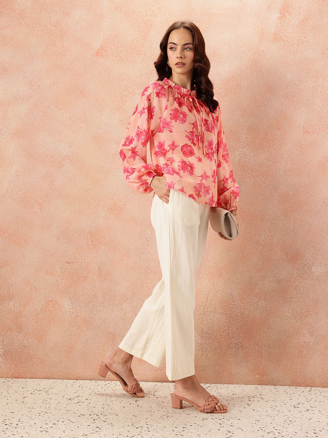 all about you Floral Print Tie-Up Neck Puff Sleeve Top