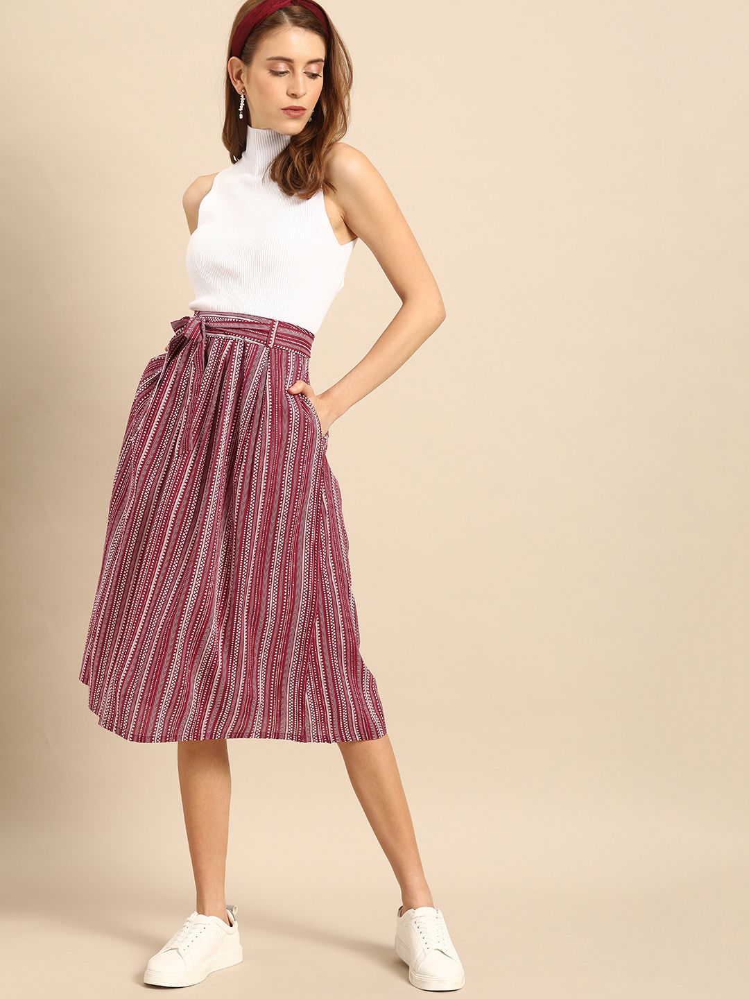 DressBerry Maroon & White Printed Flared Skirt
