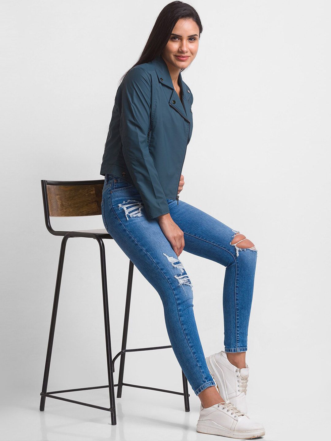 SPYKAR Women Teal Blue Crop Biker Jacket