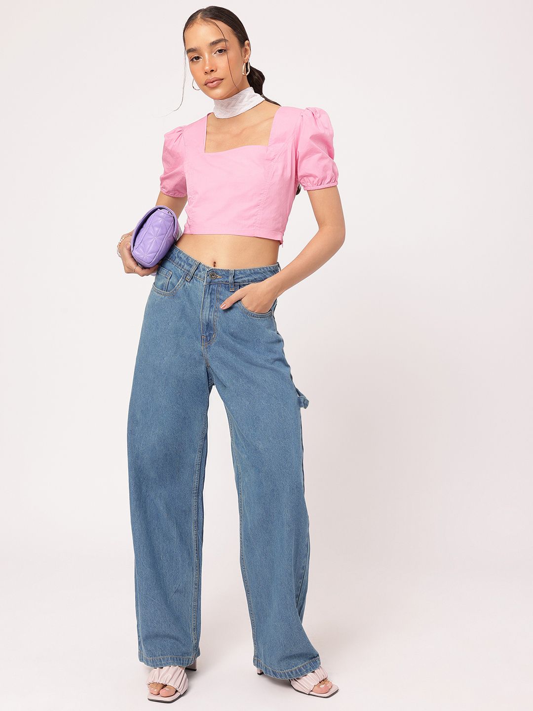 DressBerry Comel & Chic Blush Pink Square Leher Puff-Sleeve Top Crop