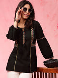 Anouk Black Geometric Embroidered Tie Up Neck Pure Cotton Short Kurti