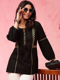 Anouk Black Geometric Embroidered Tie Up Neck Pure Cotton Short Kurti