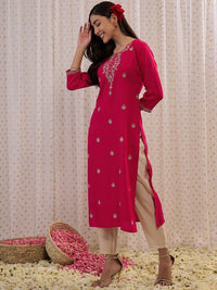 Indo Era Floral Embroidered Round Neck Three-Quarter Sleeves Floral Kurta