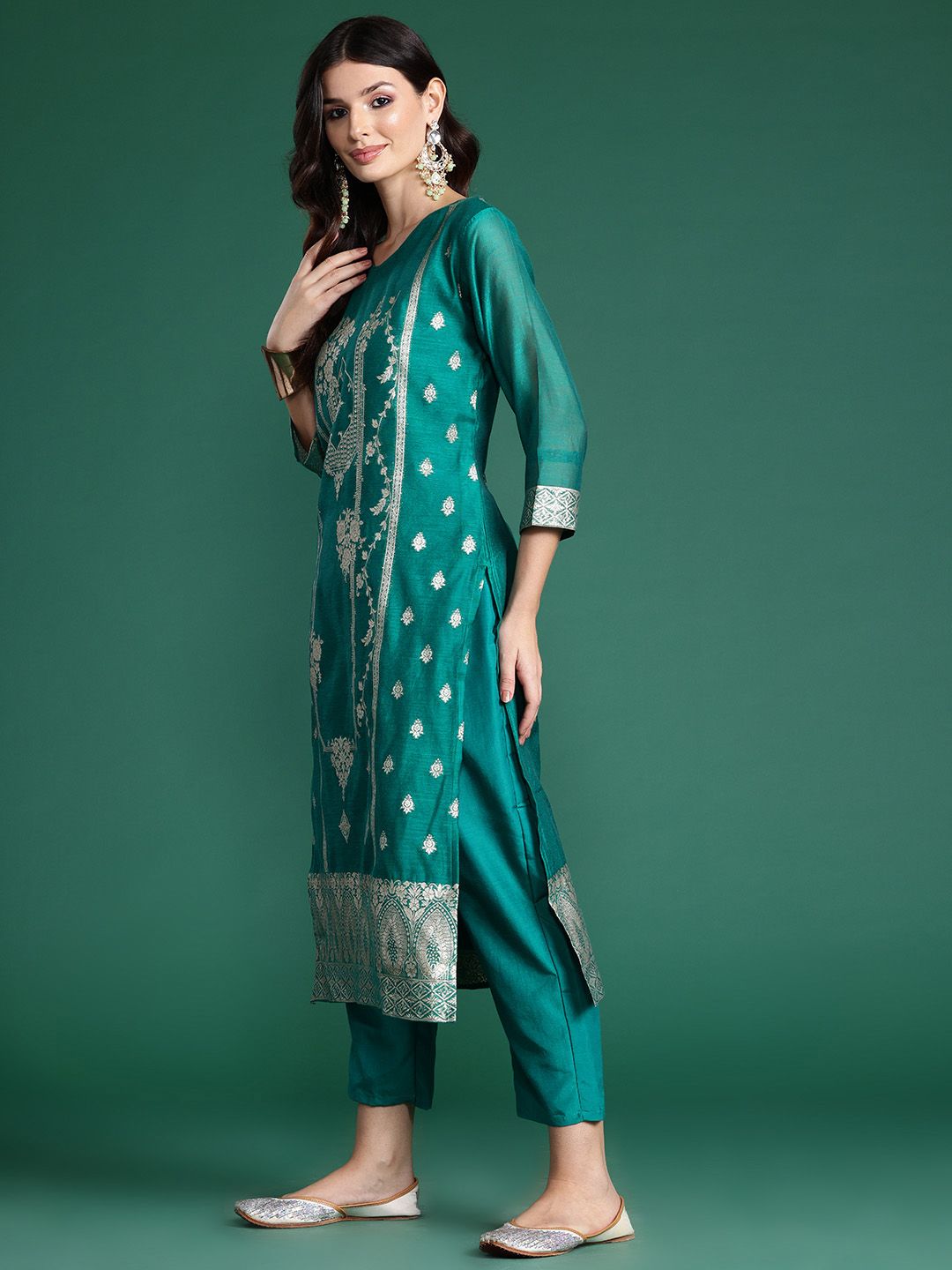 Indo Era Ethnic Motifs Woven Design Zari Kurta With Trousers & Dupatta