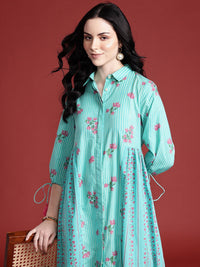 Anouk Floral Print Pleated Tasseled Shirt Collar Pure Cotton Ethnic Dress