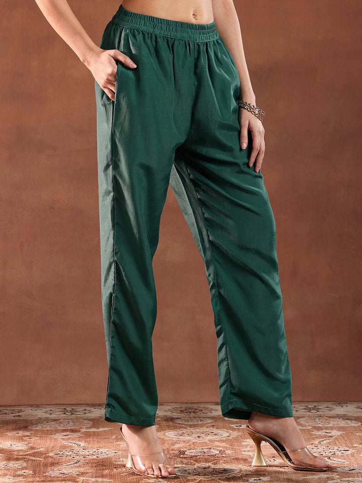 Libas Green and Gold Ethnic Motifs Woven Design Straight Kurta with Trouser & Dupatta