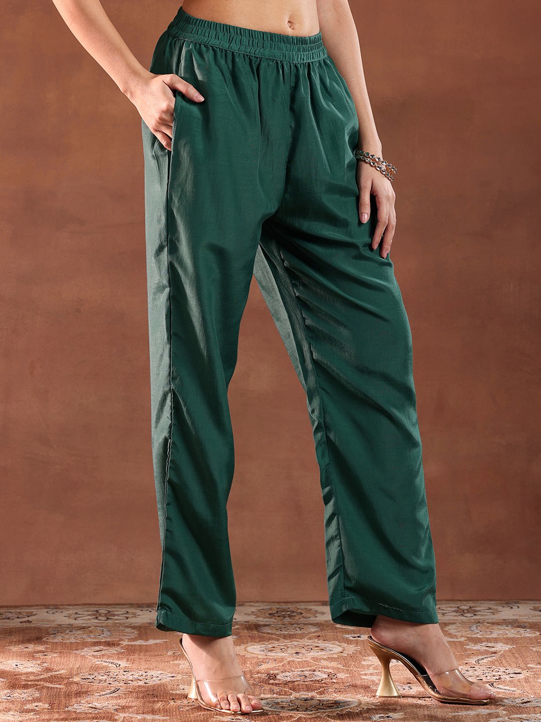 Libas Green and Gold Ethnic Motifs Woven Design Straight Kurta with Trouser & Dupatta