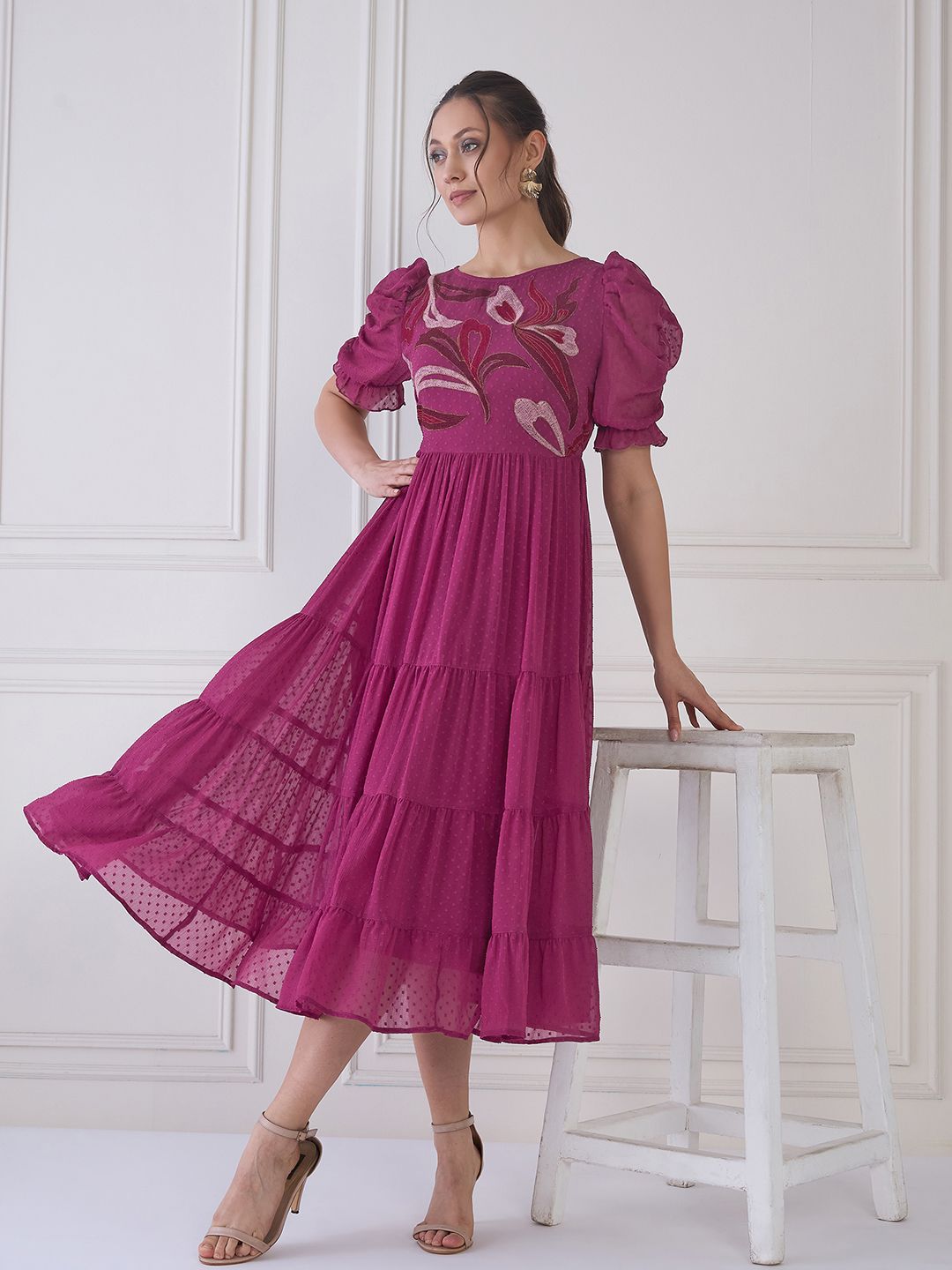 Antheaa Embroidered Round Neck Puff Sleeve Fit & Flare Midi Dress