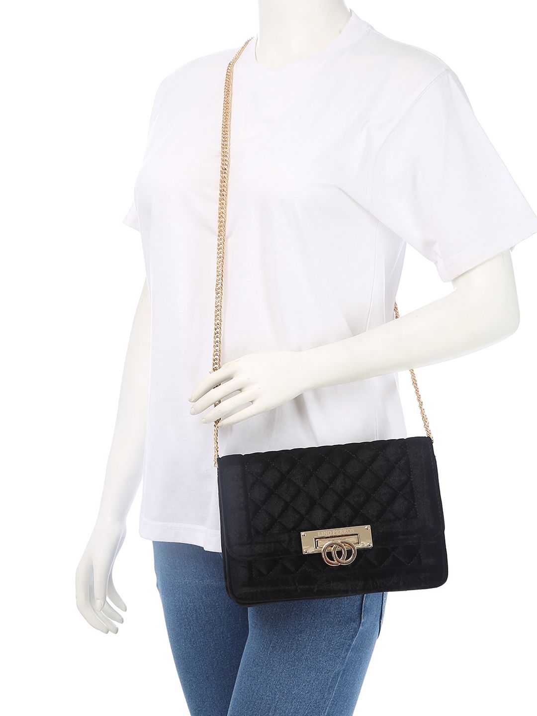 Lino Perros Black Quilted Sling Bag with Velvet Finish