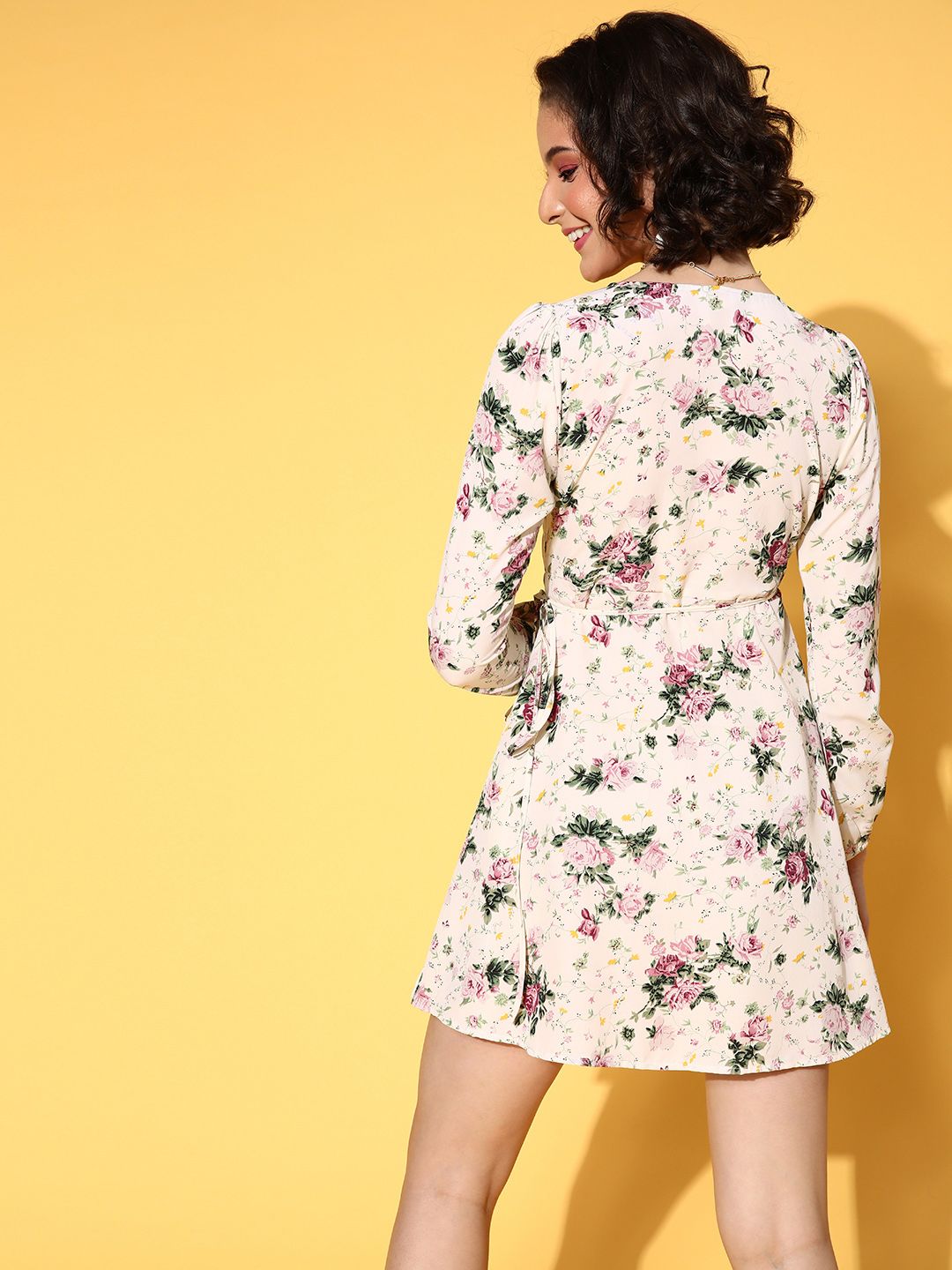 Berrylush Beige Floral Crepe Dress