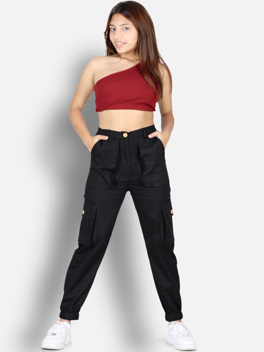 Cutiekins Girls Black High-Rise Cargos Trouser