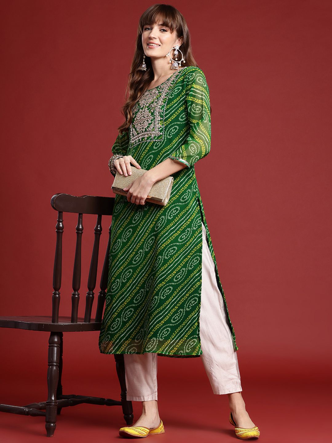 Indo Era Bandhani Printed Gotta Patti Georgette Kurta