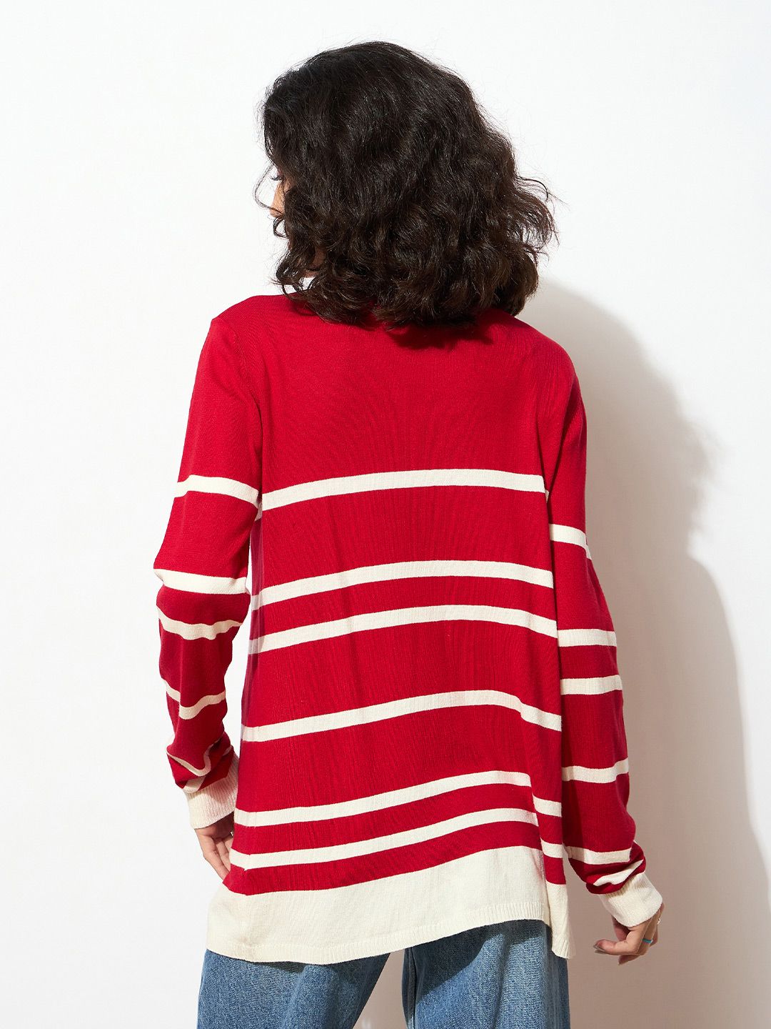 SASSAFRAS Women Red & White Acrylic Ribbed Open Front Striped Longline Shrug