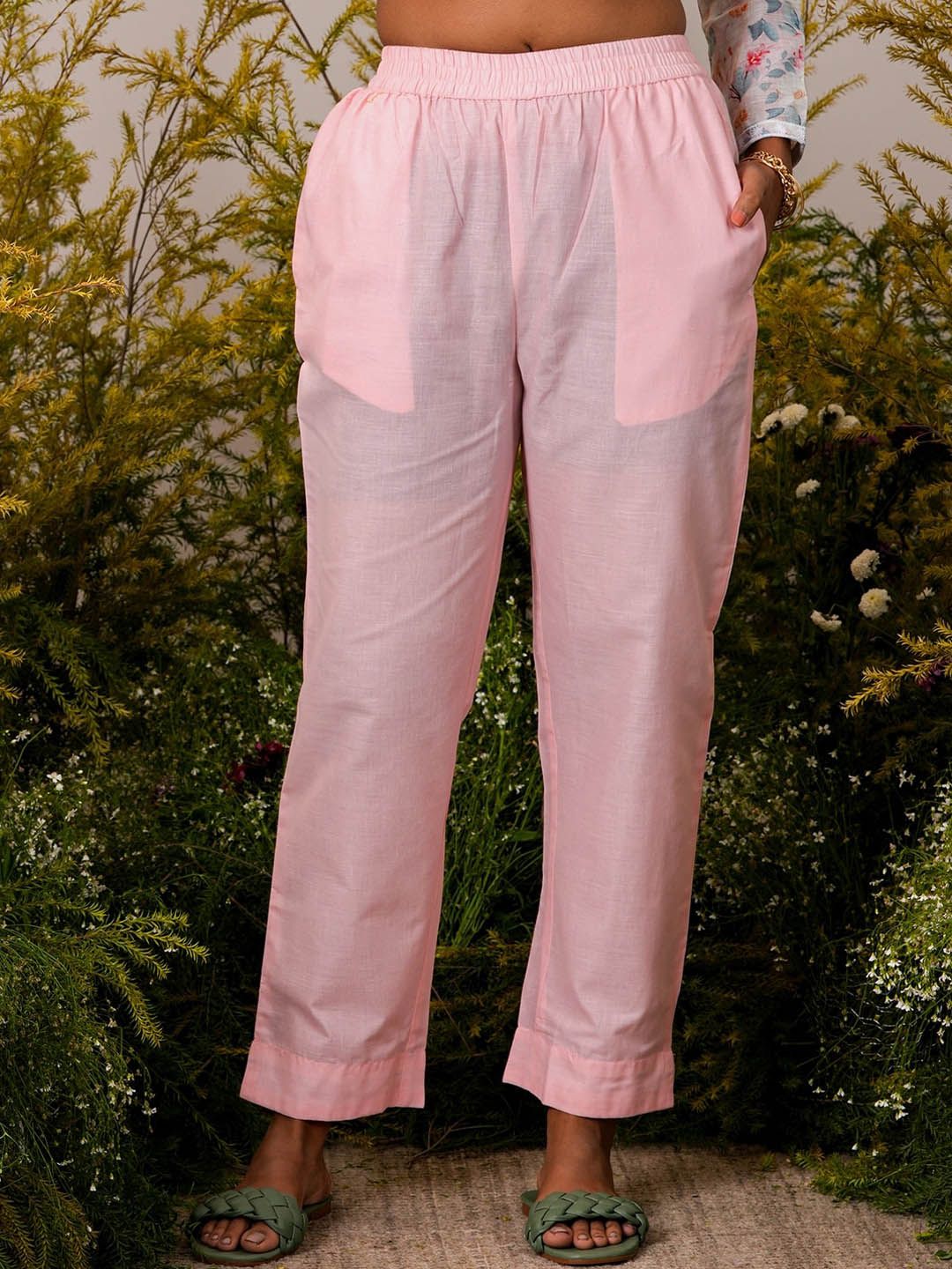 Libas Pink Floral Printed Straight Round Neck Thread Work Linen Kurta Set