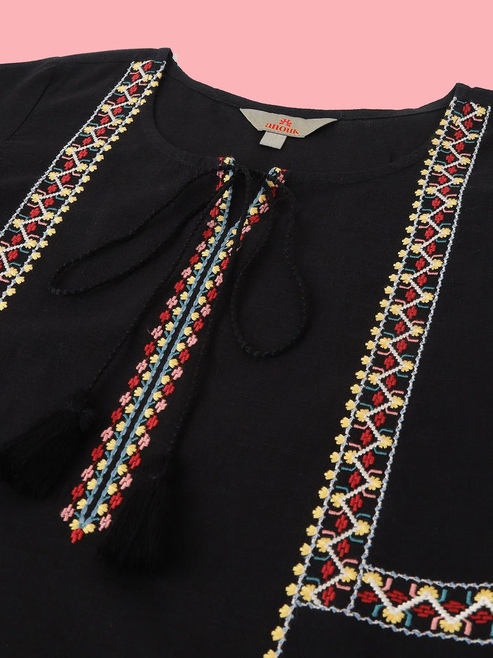 Anouk Black Geometric Embroidered Tie Up Neck Pure Cotton Short Kurti