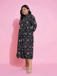 SASSAFRAS Curve Black Plus Size Floral Printed Shirt Collar Belted Shirt Midi Dress