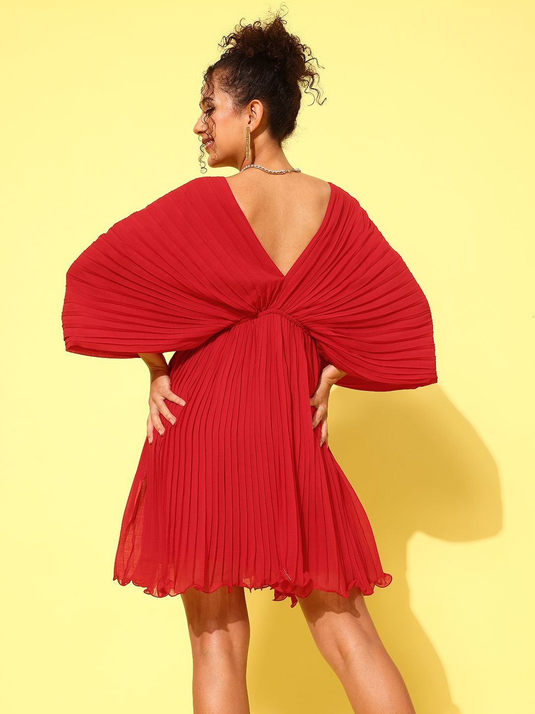 Antheaa Red Flared Sleeves Accordion Pleated Chiffon A-Line Dress