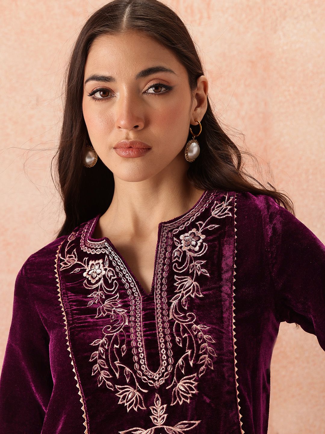 all about you Velvet Finish Floral Embroidered Gotta Patti Kurta with Trousers