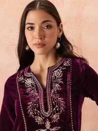 all about you Velvet Finish Floral Embroidered Gotta Patti Kurta with Trousers