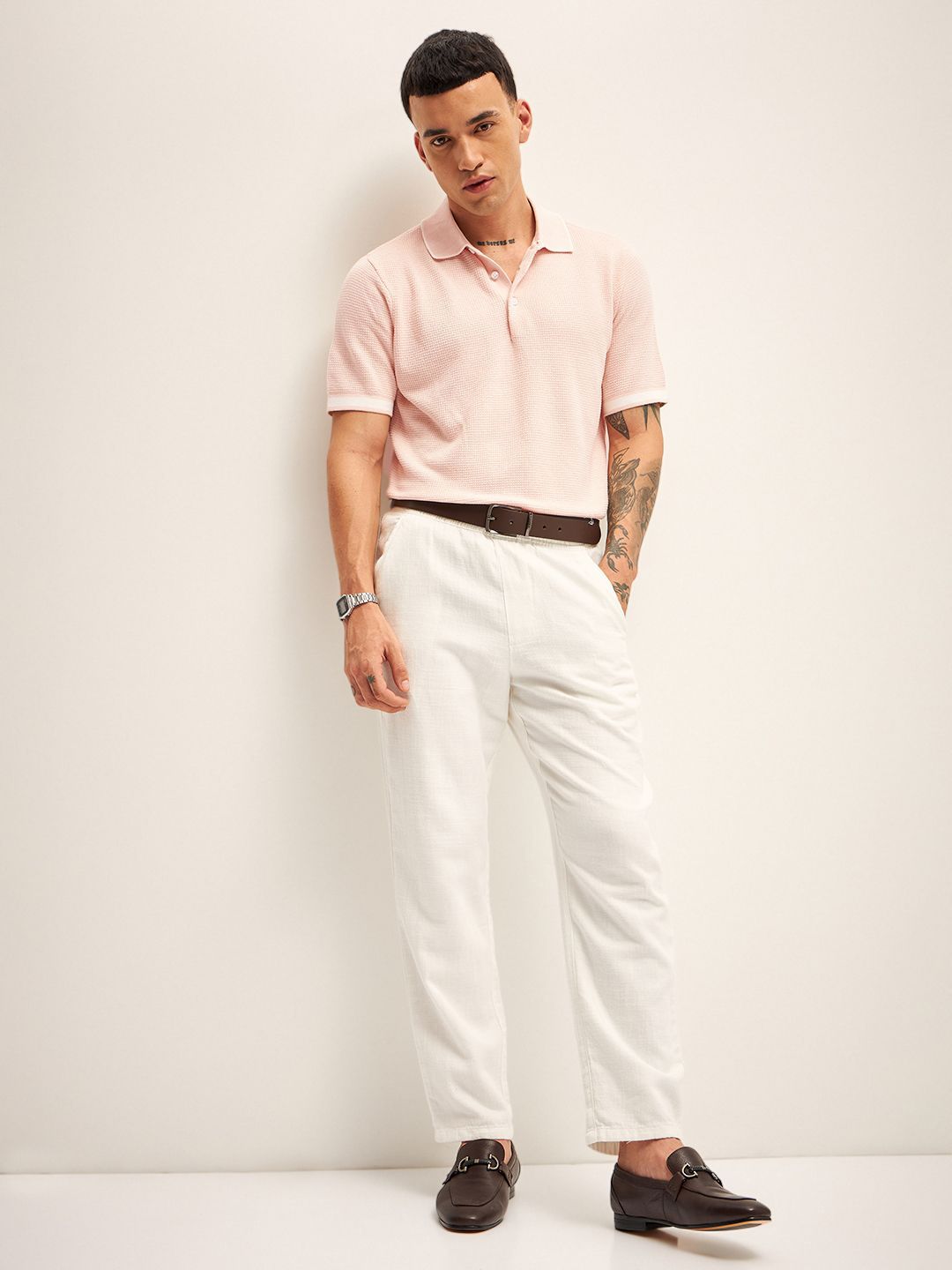 THE BEAR HOUSE Self Design Polo Collar T-Shirt