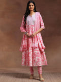 Libas Floral Printed Panelled Thread Work Pure Cotton Anarkali Kurta & Churidar & Dupatta