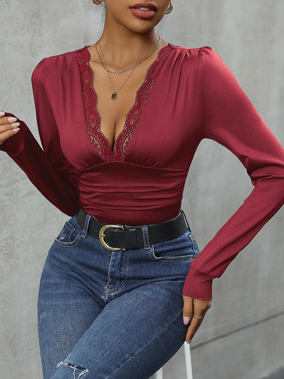 DressBerry Lace Insert Plunge Neck Bodysuit