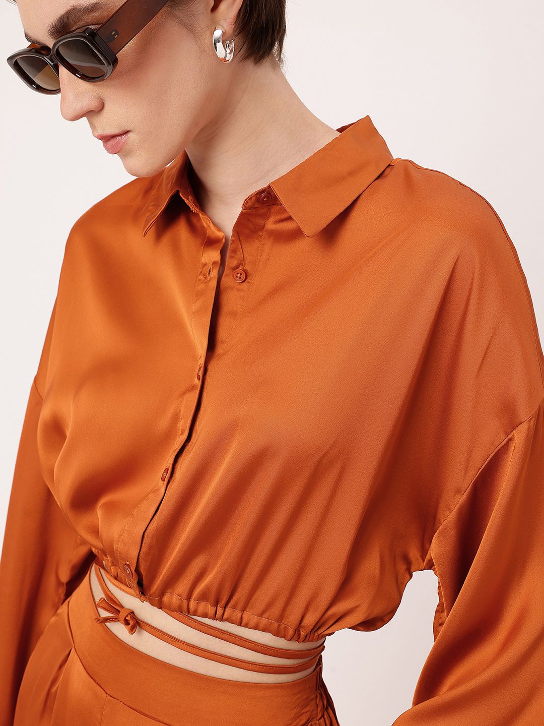 DressBerry Sashay In Satin Modern Glamour Midriff Peek Tie-Up Blouson Shirt Style Crop Top