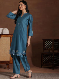 Libas Floral Embroidered Mandarin Collar Roll-Up Sleeves A-Line Tunic & Palazzos