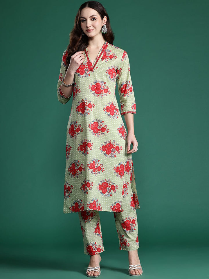 Indo Era Floral Printed Mirror Work Pure Cotton Kurta with Trousers