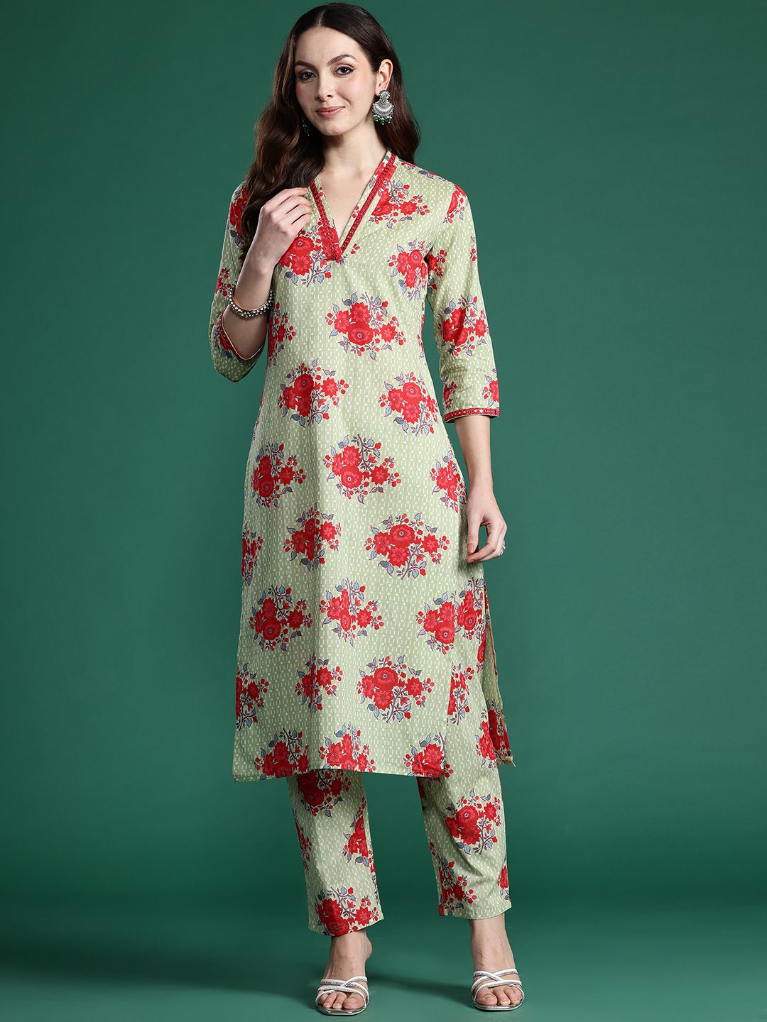 Indo Era Floral Printed Mirror Work Pure Cotton Kurta with Trousers