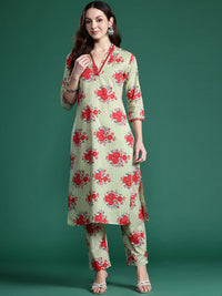 Indo Era Floral Printed Mirror Work Pure Cotton Kurta with Trousers