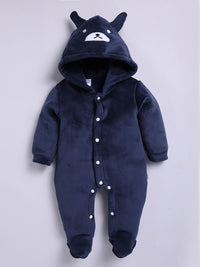 Moms Love Infant Boys Pure Cotton Velvet Finish Hooded Sleepsuit