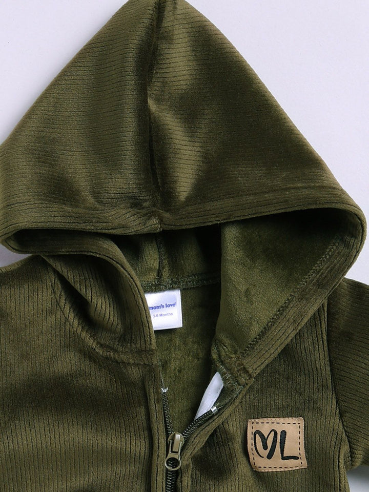 Moms Love Infant Boys Ribbed Velvet-Finish Pure Cotton Hooded Sweatshirt With Joggers