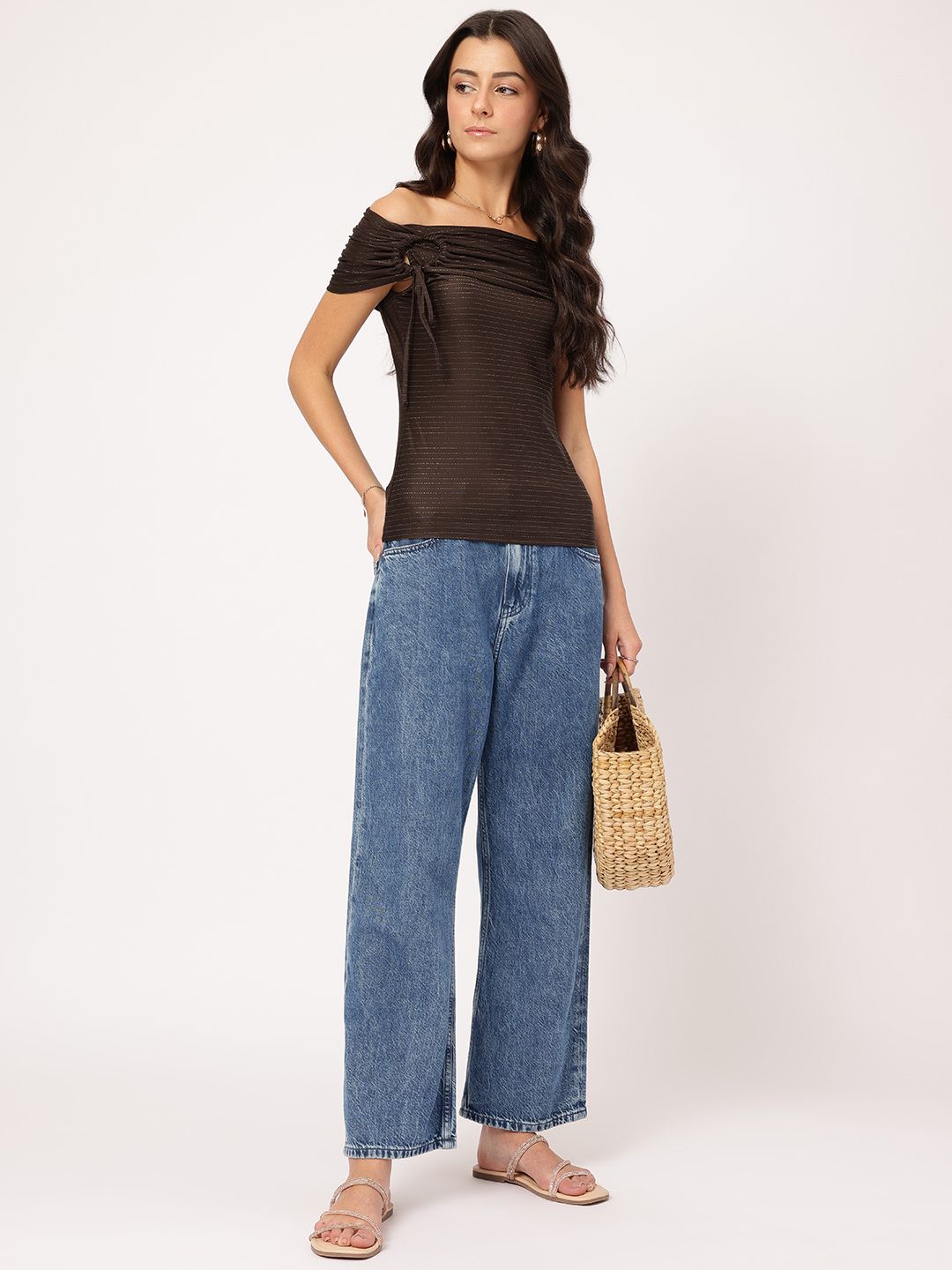 DressBerry Trendsetter Queen Off-Shoulder Striped Cut-Out Ring Detail Fitted Top